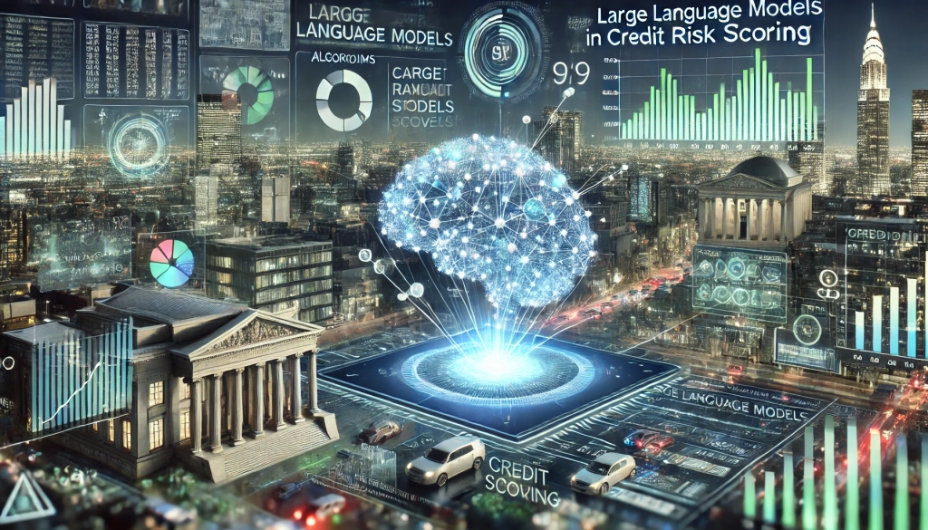 DALL·E 2024-08-26 13.23.48 - A futuristic scene depicting the role of large language models in credit risk scoring applications. The image features a digital interface displaying