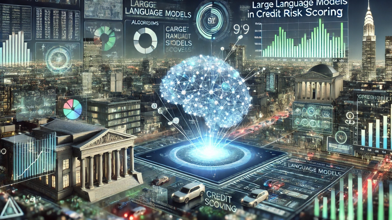 DALL·E 2024-08-26 13.23.48 - A futuristic scene depicting the role of large language models in credit risk scoring applications. The image features a digital interface displaying