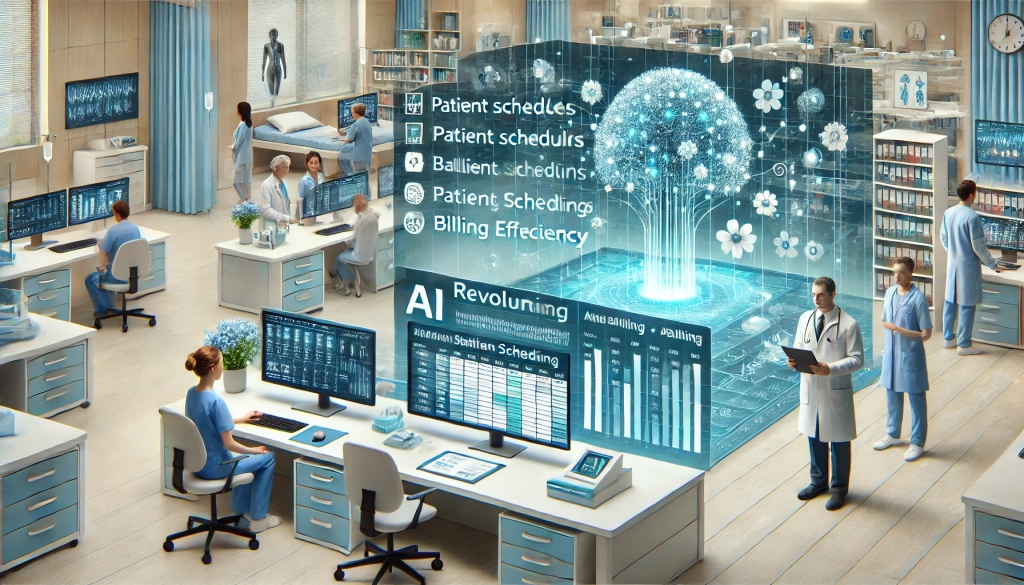 DALL·E 2024-08-26 13.30.16 - A scene depicting how AI is revolutionizing healthcare operations, specifically focusing on scheduling and billing efficiency. The image shows a moder