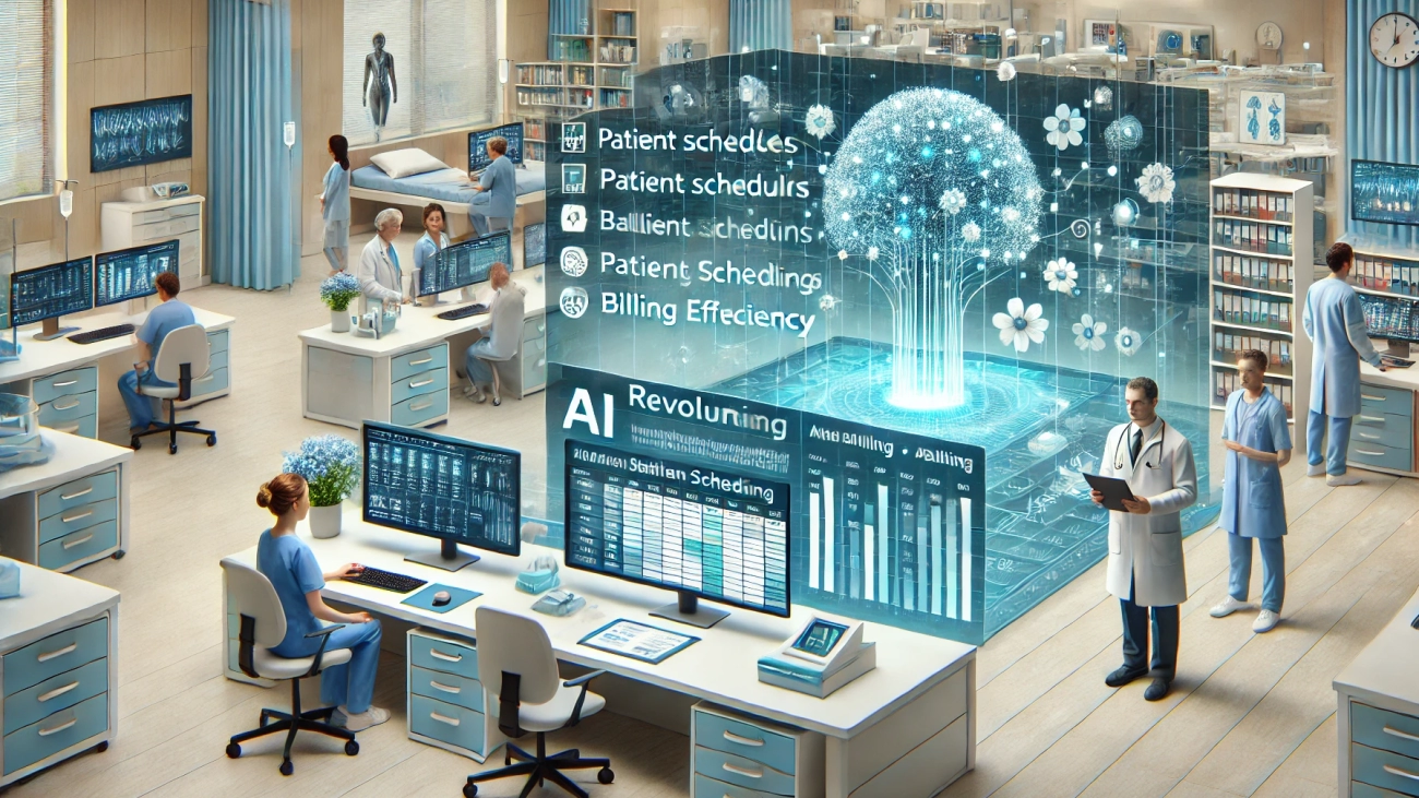 DALL·E 2024-08-26 13.30.16 - A scene depicting how AI is revolutionizing healthcare operations, specifically focusing on scheduling and billing efficiency. The image shows a moder