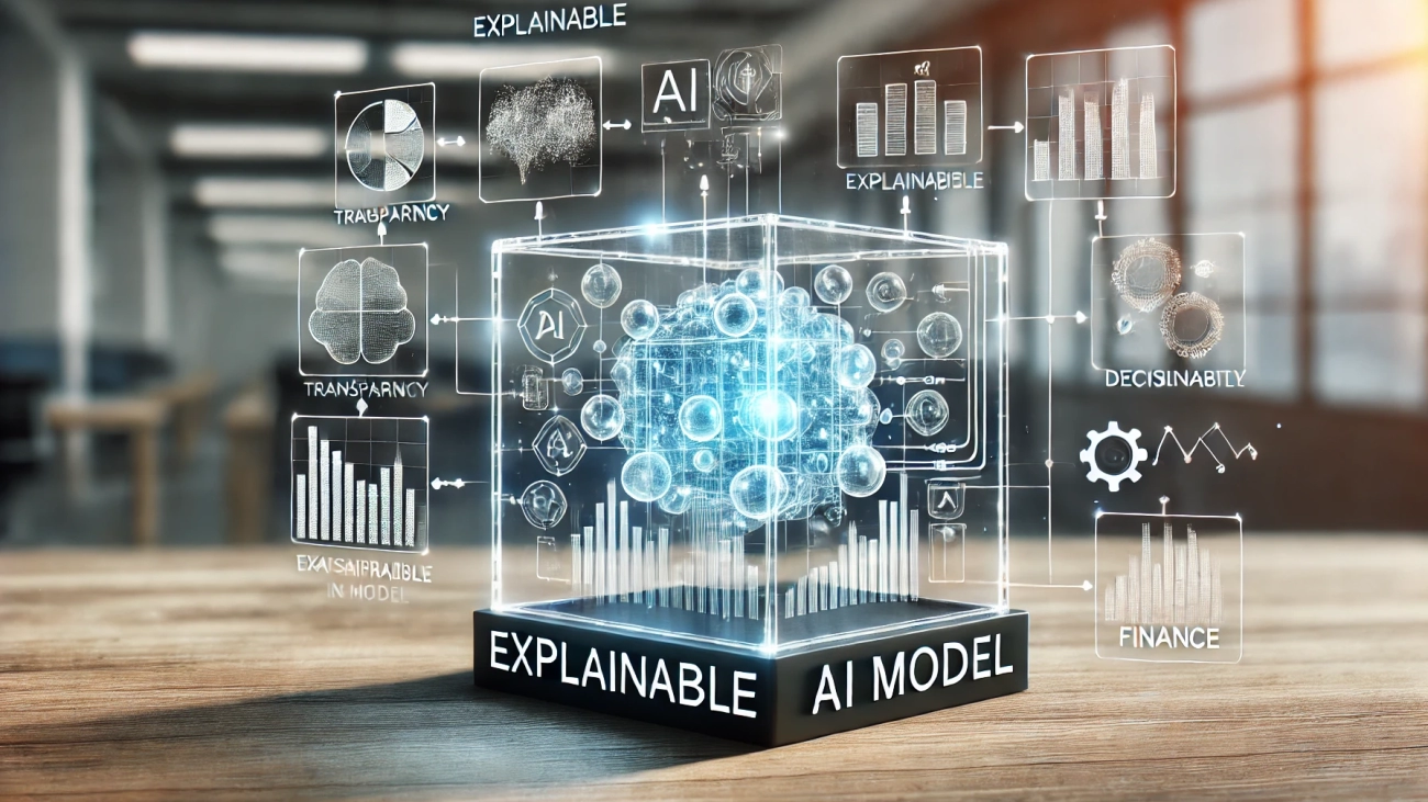 DALL·E 2024-08-22 15.53.18 - A visual representation of an explainable AI model in finance, with AI algorithms depicted as transparent boxes showing the flow of data and decision-