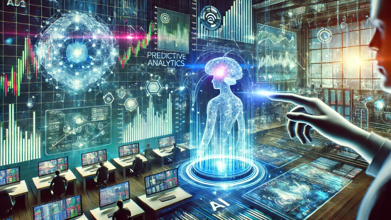 DALL·E 2024-08-26 13.24.45 - A dynamic scene illustrating the potential of predictive analytics for stock market prediction using AI. The image shows a futuristic stock market tra