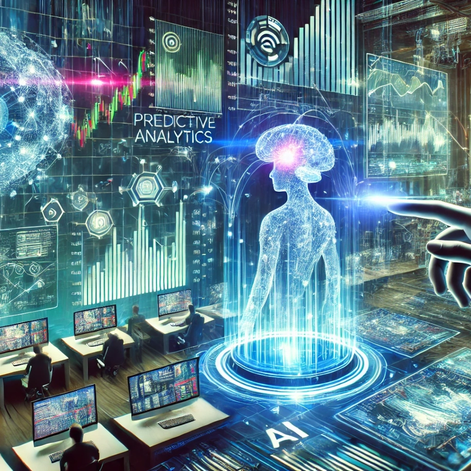 DALL·E 2024-08-26 13.24.45 - A dynamic scene illustrating the potential of predictive analytics for stock market prediction using AI. The image shows a futuristic stock market tra