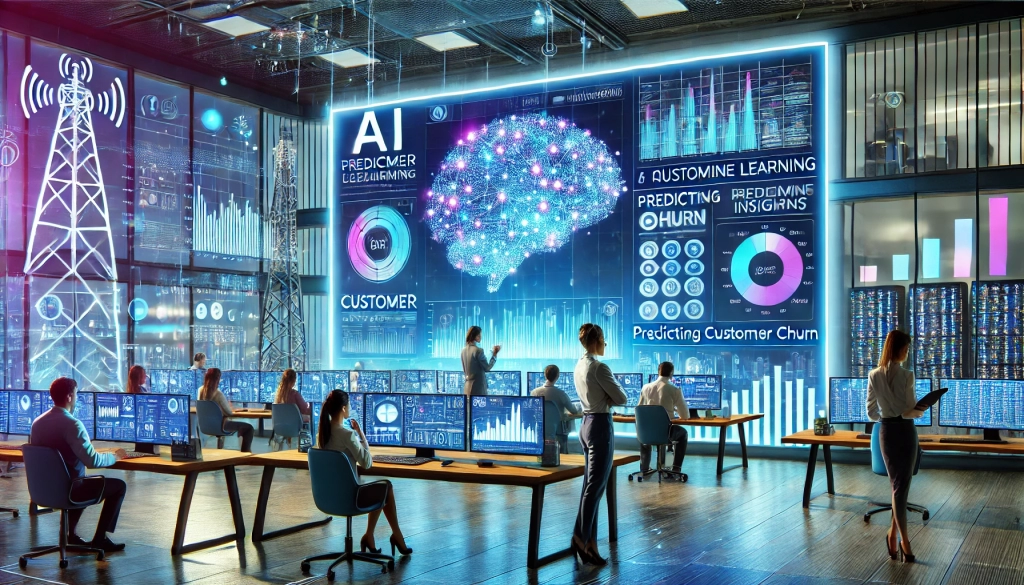 DALL·E 2024-08-26 13.26.33 - A scene that represents the use of AI and Machine Learning for predicting customer churn in the telecom industry. The image features a modern telecom