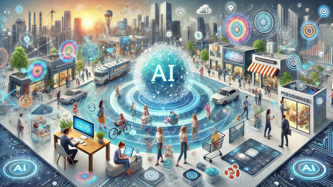 DALL·E 2024-08-26 13.33.20 - A futuristic scene illustrating the evolution of AI-powered personalization over the next five years. The image shows a highly advanced digital enviro
