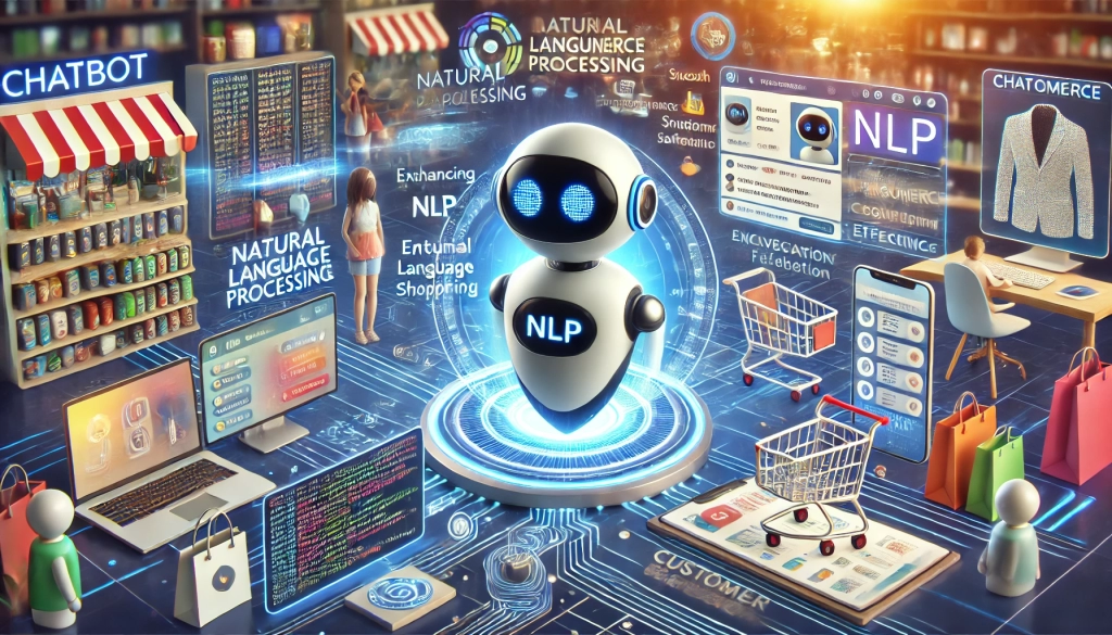 DALL·E 2024-08-26 13.35.30 - An image that showcases the impact of Natural Language Processing (NLP) on enhancing e-commerce chatbot effectiveness. The scene features an advanced