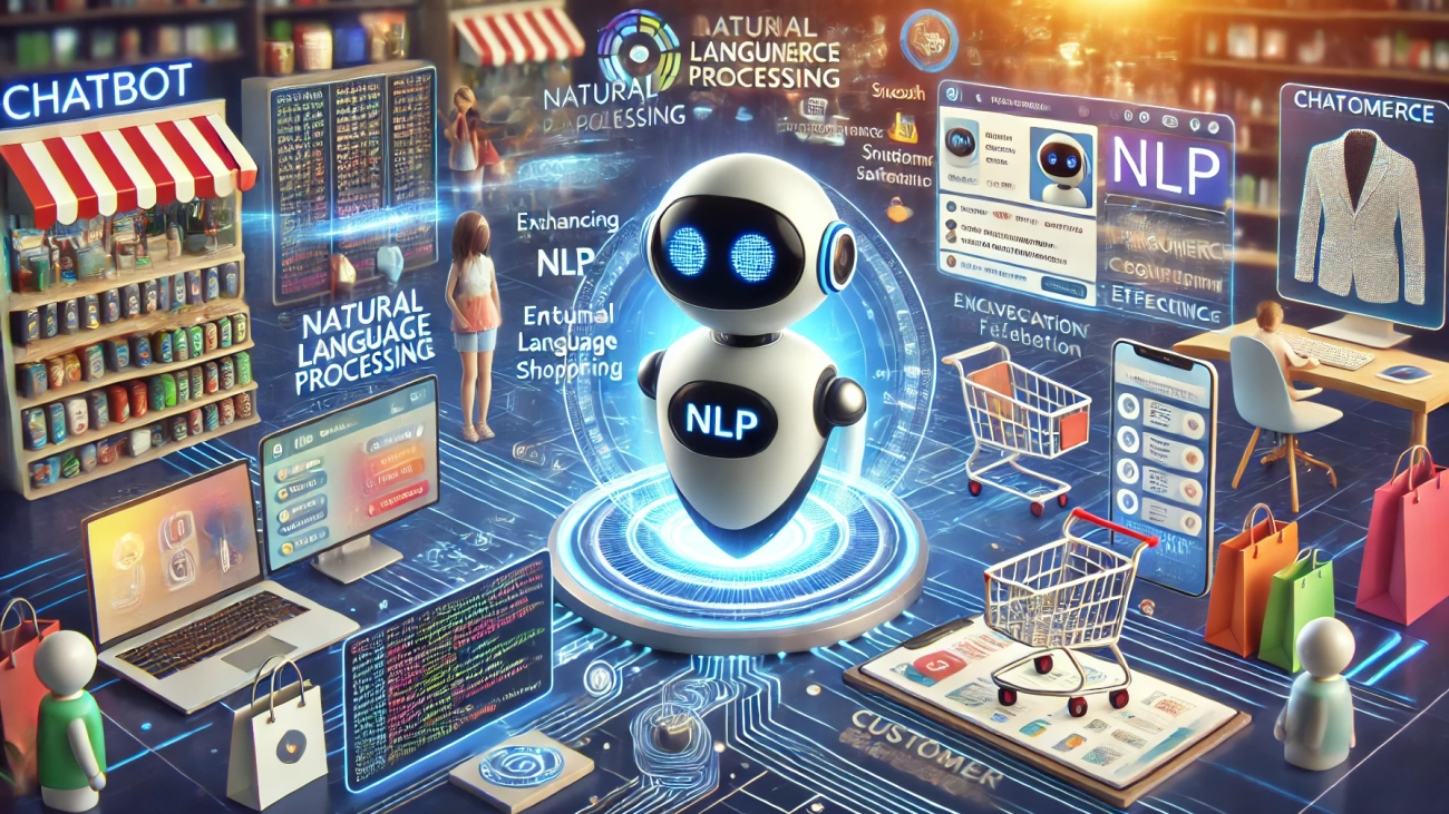 DALL·E 2024-08-26 13.35.30 - An image that showcases the impact of Natural Language Processing (NLP) on enhancing e-commerce chatbot effectiveness. The scene features an advanced
