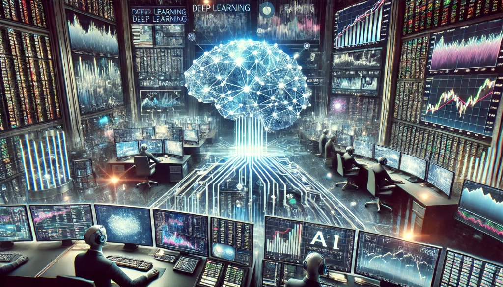 DALL·E 2024-08-26 13.38.11 - A powerful image illustrating the role of deep learning in predicting market movements for algorithmic trading. The scene shows a high-tech trading fl