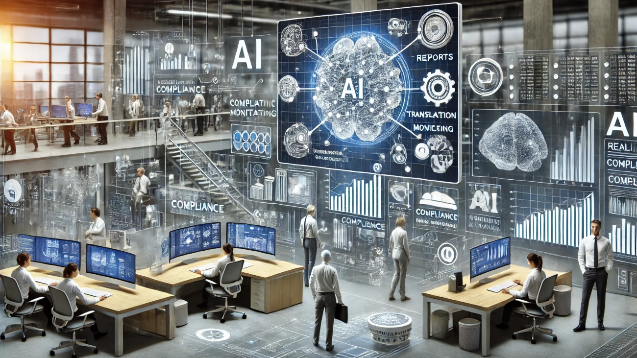 DALL·E 2024-08-26 13.39.53 - An image illustrating how AI is revolutionizing compliance processes in financial institutions. The scene shows a modern financial institution where A