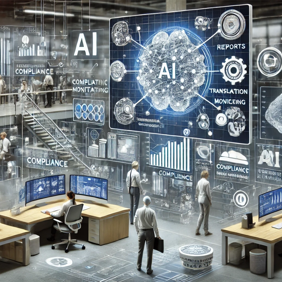 DALL·E 2024-08-26 13.39.53 - An image illustrating how AI is revolutionizing compliance processes in financial institutions. The scene shows a modern financial institution where A