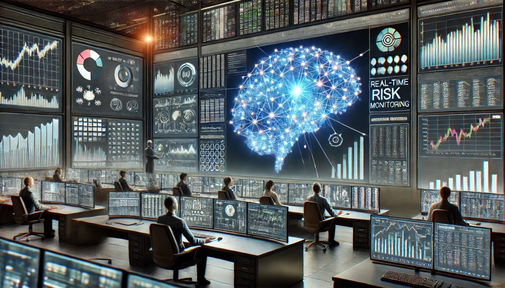 DALL·E 2024-08-26 13.43.11 - An image depicting the vital role of machine learning in enhancing real-time risk monitoring in modern finance. The scene shows a high-tech financial