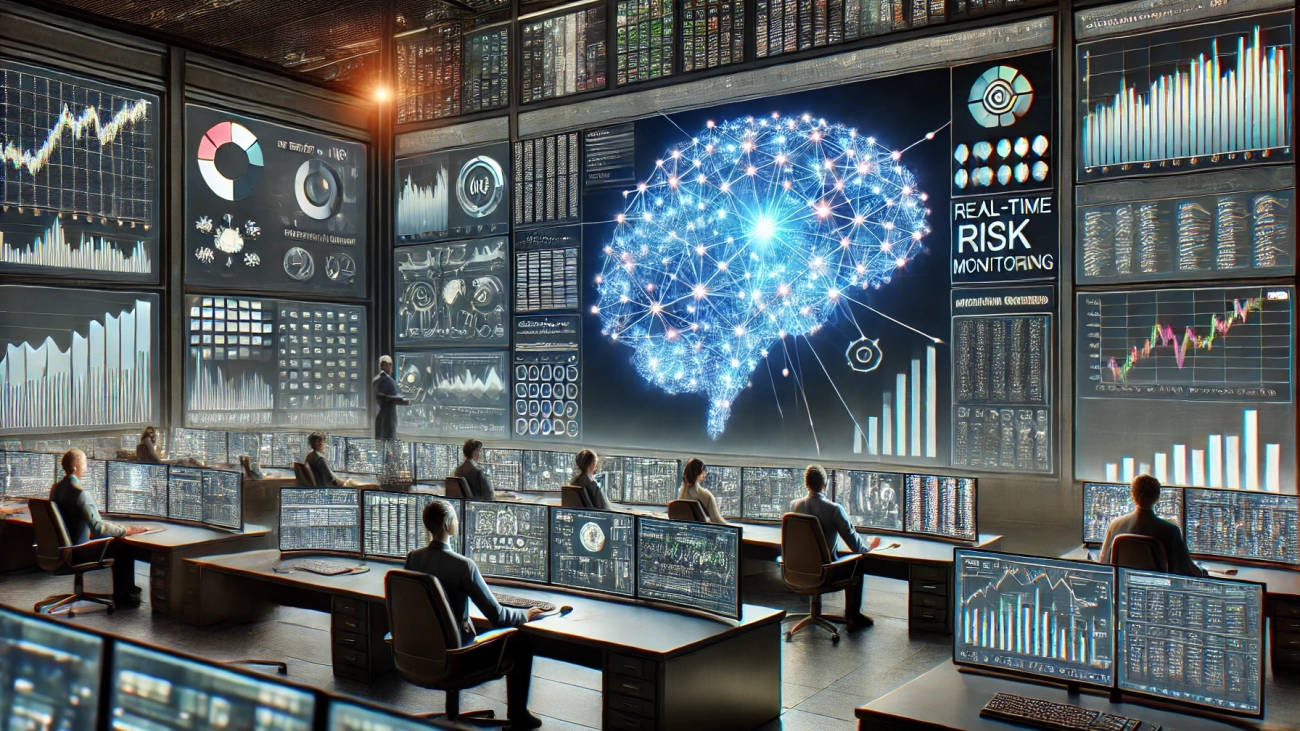 DALL·E 2024-08-26 13.43.11 - An image depicting the vital role of machine learning in enhancing real-time risk monitoring in modern finance. The scene shows a high-tech financial