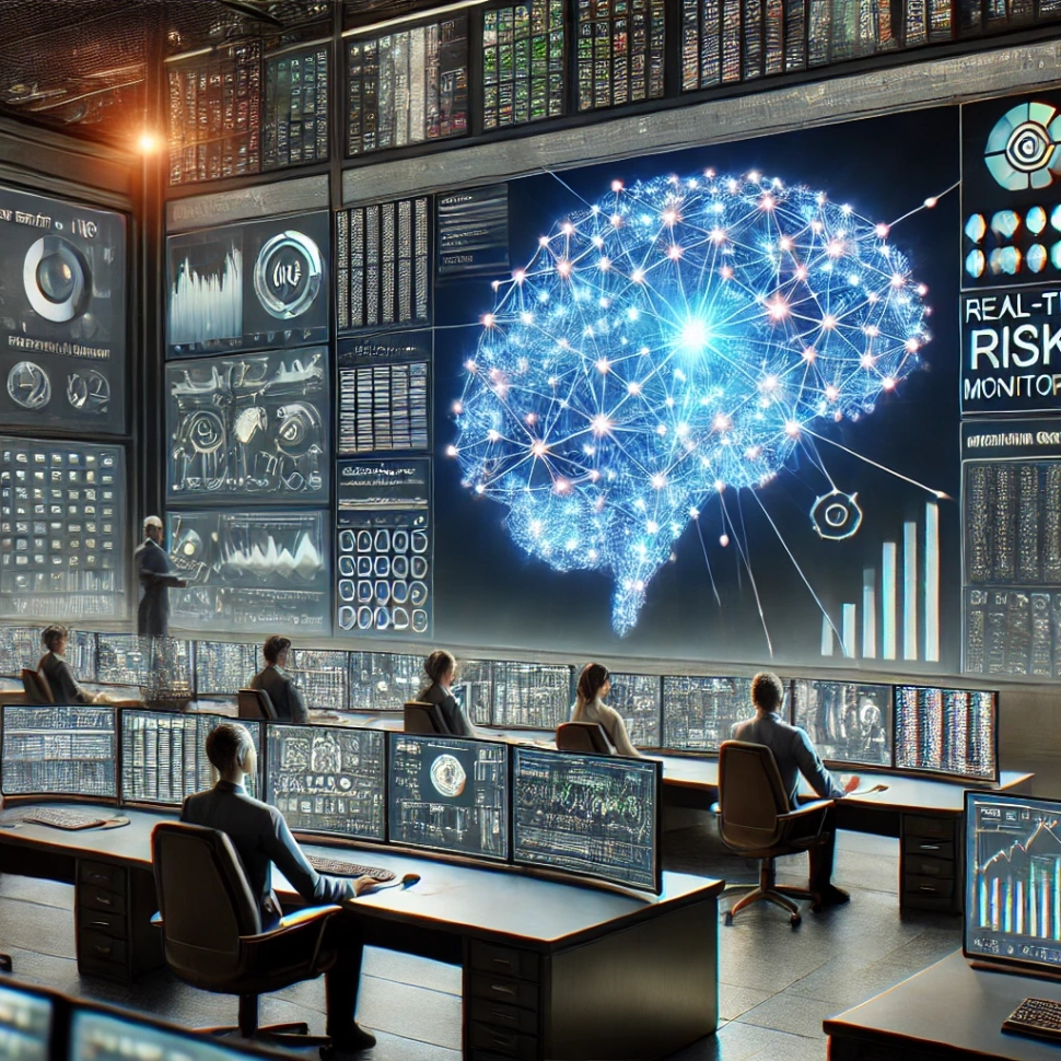 DALL·E 2024-08-26 13.43.11 - An image depicting the vital role of machine learning in enhancing real-time risk monitoring in modern finance. The scene shows a high-tech financial