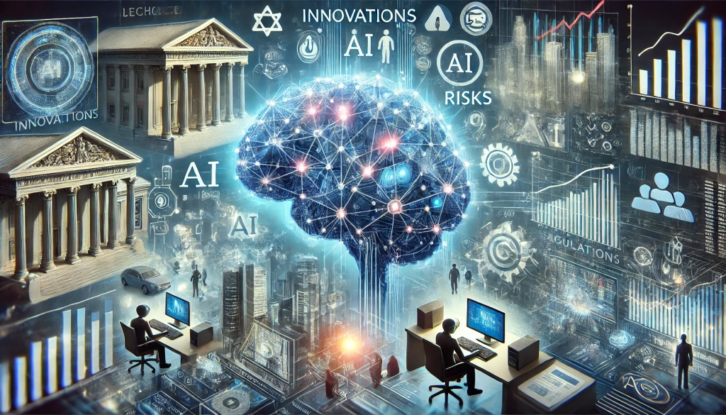 DALL·E 2024-08-26 13.53.00 - An image that captures the complexities of AI in finance, highlighting innovations, risks, and regulatory challenges. The scene features a modern fina