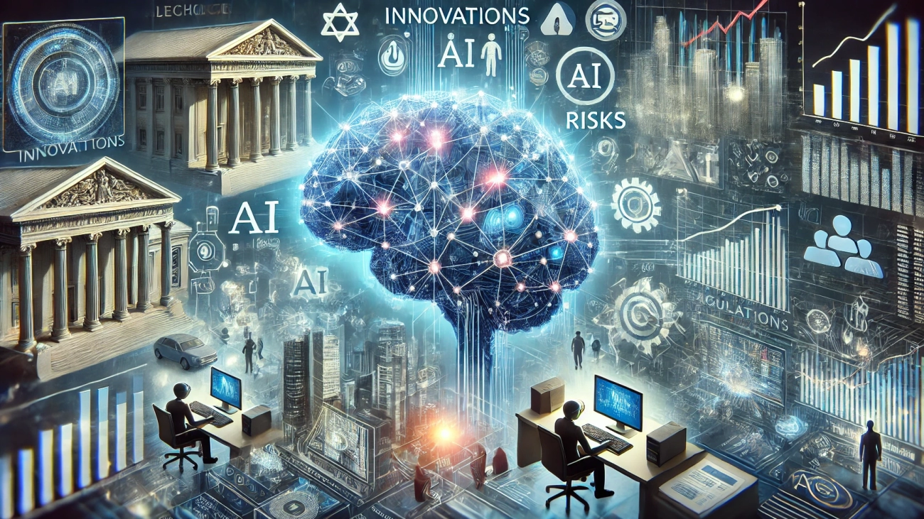 DALL·E 2024-08-26 13.53.00 - An image that captures the complexities of AI in finance, highlighting innovations, risks, and regulatory challenges. The scene features a modern fina