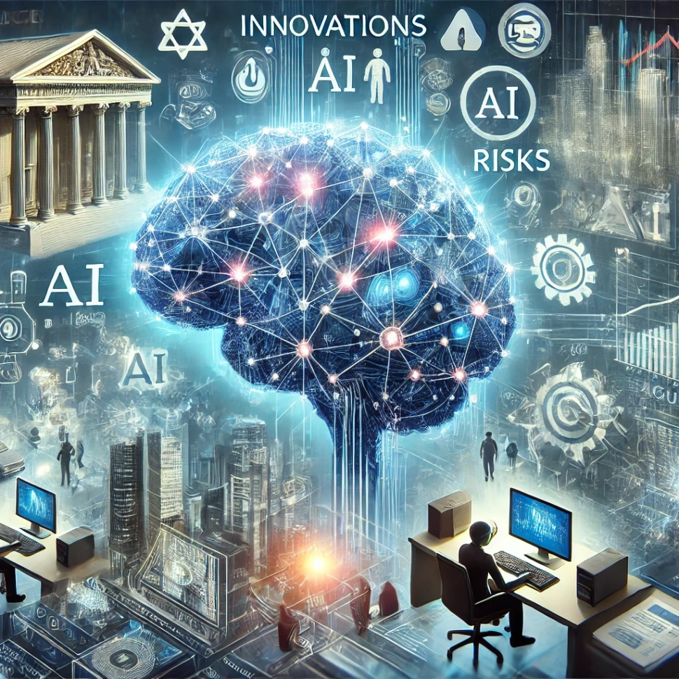 DALL·E 2024-08-26 13.53.00 - An image that captures the complexities of AI in finance, highlighting innovations, risks, and regulatory challenges. The scene features a modern fina